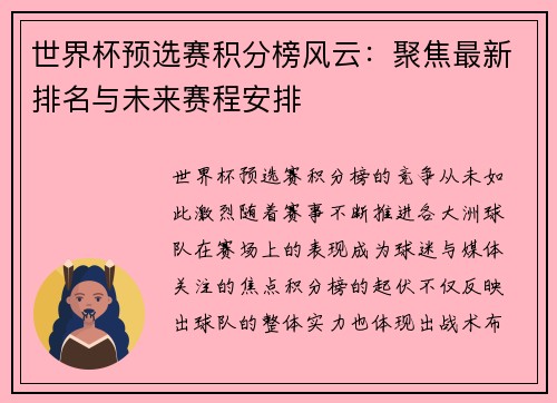 世界杯预选赛积分榜风云:聚焦最新排名与未来赛程安排 世界杯预选赛积分榜风云:聚焦最新排名与未来赛程安排